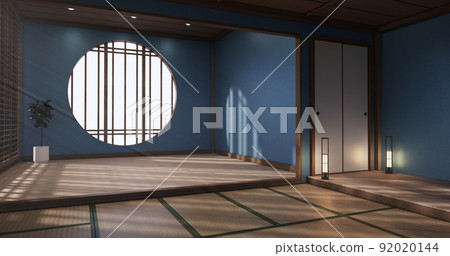 Circle shelf wall design, blue empty room japanese deisgn, tatami mat floor. 3D rendering Circle shelf wall design, blue empty room japanese deisgn, tatami mat floor. 3D rendering 92020144