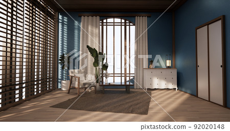 White Sofa japanese on blue room japan tropical desing and tatami mat floor.3D rendering White Sofa japanese on blue room japan tropical desing and tatami mat floor.3D rendering 92020148