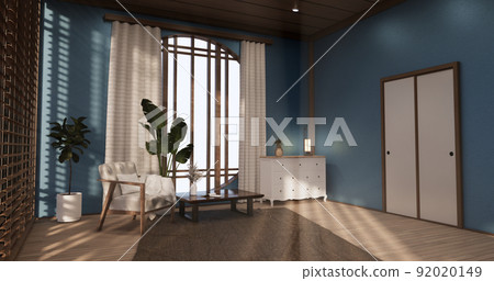 White Sofa japanese on blue room japan tropical desing and tatami mat floor.3D rendering White Sofa japanese on blue room japan tropical desing and tatami mat floor.3D rendering 92020149