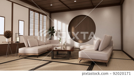 Sofa on room tropical interior with tatami mat floor and white wall.3D rendering Sofa on room tropical interior with tatami mat floor and white wall.3D rendering 92020171