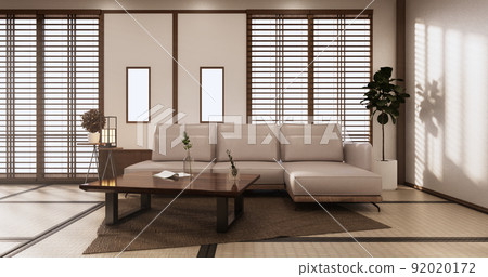 Sofa on room tropical interior with tatami mat floor and white wall.3D rendering Sofa on room tropical interior with tatami mat floor and white wall.3D rendering 92020172