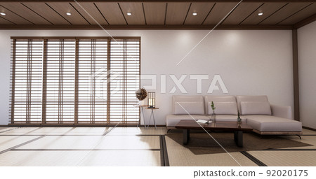 Sofa on room tropical interior with tatami mat floor and white wall.3D rendering 92020175