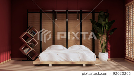 The interior color Red room inteior with tatami mat floor.3D rendering The interior color Red room inteior with tatami mat floor.3D rendering 92020265