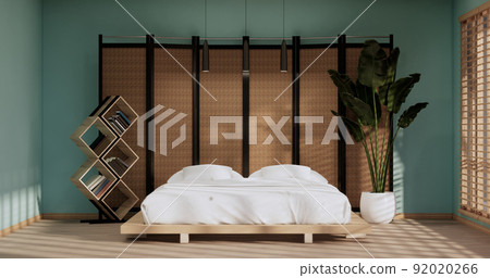 Mint Modern peaceful Bedroom. japan style bedroom.3D rendering Mint Modern peaceful Bedroom. japan style bedroom.3D rendering 92020266