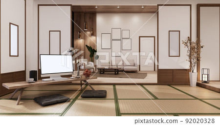 Living room interior on tatami mat floor, computer on low table and pillow.3D rendering Living room interior on tatami mat floor, computer on low table and pillow.3D rendering 92020328