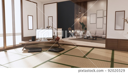 Living room interior on tatami mat floor, computer on low table and pillow.3D rendering 92020329