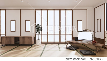 Living room interior on tatami mat floor, computer on low table and pillow.3D rendering Living room interior on tatami mat floor, computer on low table and pillow.3D rendering 92020330