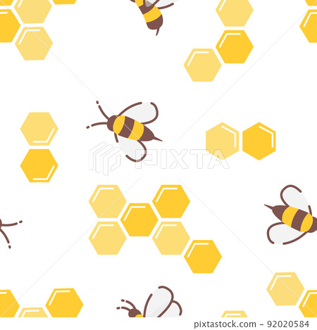 Seamless vector pattern with bees and honeycombs on a white background. 92020584