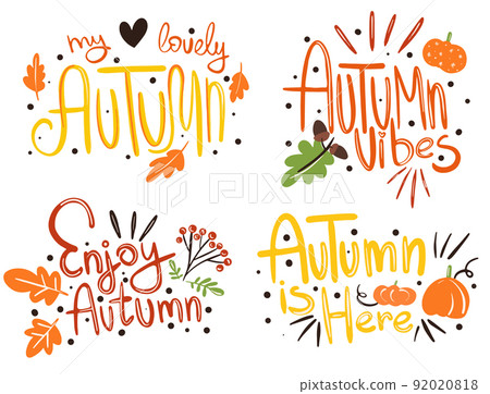 Hello Autumn vector hand drawn lettering design. Fall calligraphy phrase. Printable illustration for posters, mugs, pillows, flyers, postcards. Hello Autumn vector hand drawn lettering design. Fall calligraphy phrase. Printable illustration for posters, mugs, pillows, flyers, postcards. 92020818