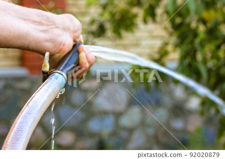 Man holding hose for watering plants in a garden. A powerful jet, a stream of clean water, drops aimed at the plants, on a lawn. Garden care at summer. Water hose close-up against green background. Man holding hose for watering plants in a garden. A powerful jet, a stream of clean water, drops aimed at the plants, on a lawn. Garden care at summer. Water hose close-up against green background. 92020879