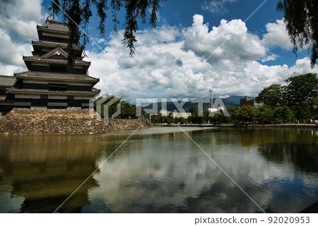 Matsumoto Castle (Summer sunny castle, blue sky, moat, weeping stone wall) 92020953