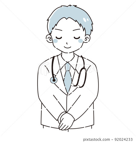 一個穿著白大褂鞠躬的男人的插圖(帶著聽診器) 一個穿著白大褂鞠躬的男人的插圖(帶著聽診器) 92024233