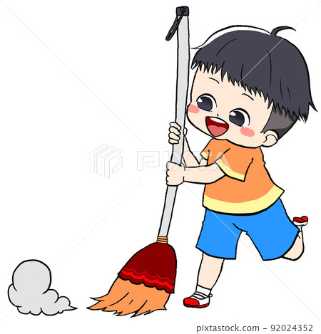 A boy cleaning with a broom A boy cleaning with a broom 92024352