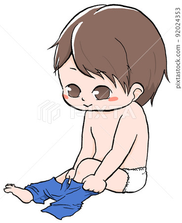 一個男孩坐下來試圖穿上他的褲子 92024353