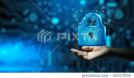 Businessman hand holding Padlock with Keyhole. Cyber data and information privacy. Future technology security, Network protection, and Modern safety digital Concept. 92027636