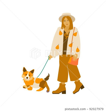Hipster girls in boho outfits walk with Corgi . Happy pet owner in casual wear. Flat illustration on white background Hipster girls in boho outfits walk with Corgi . Happy pet owner in casual wear. Flat illustration on white background 92027979
