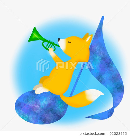 Illustration of a fox playing the trumpet over a note Illustration of a fox playing the trumpet over a note 92028353
