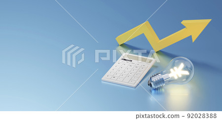 帶有閃亮日元符號的白熾燈泡和計算器/電價上漲、高熱量成本飆升、能源問題和節能圖像 帶有閃亮日元符號的白熾燈泡和計算器/電價上漲、高熱量成本飆升、能源問題和節能圖像 92028388