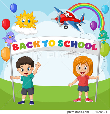 Back to school. Happy children holding a banner - Stock Illustration ...