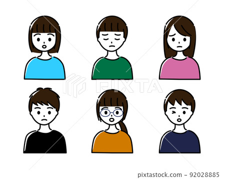 6名男女（上半身）從小學高年級到初中生的負面表情 92028885