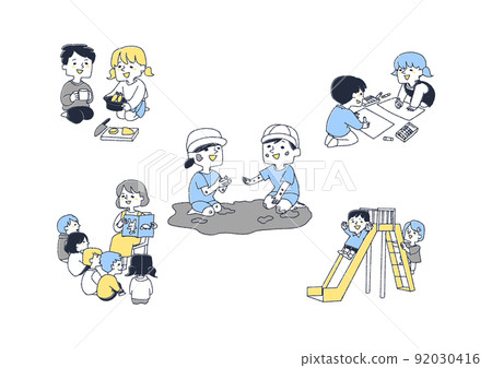 Fun play in the nursery school Set 2 of children spending time with growth Fun play in the nursery school Set 2 of children spending time with growth 92030416