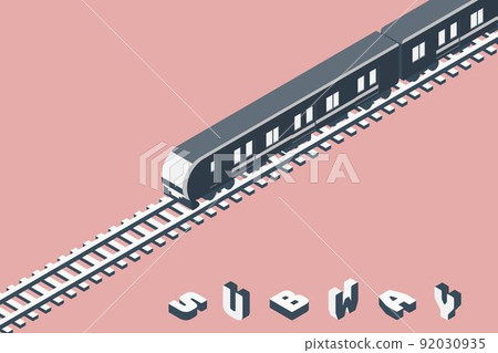 在鐵軌上運行的等距地鐵剪影插圖，粉紅色背景 92030935