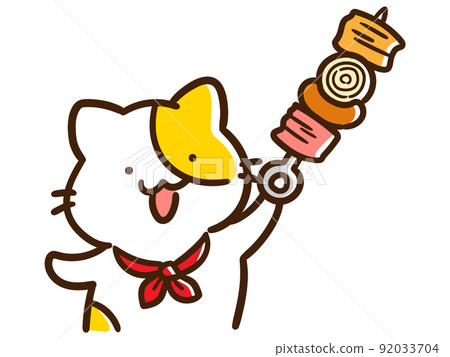 Deformed illustration of a cute cat eating barbecue at camp 92033704