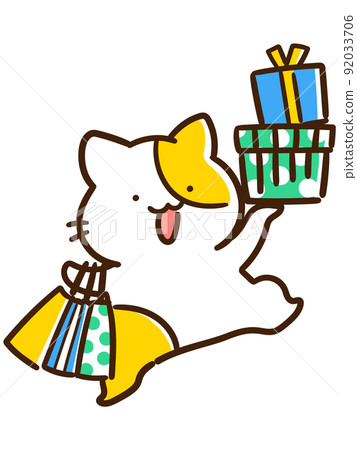 Deformed illustration of a cute cat who enjoys shopping with a large number of shopping bags 92033706