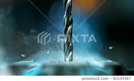 Drilling aluminium tube, close-up. Drilling aluminium tube, close-up. 92034367