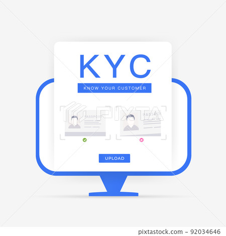 KYC know your customer application form for uploading personal identification documents - passport data page, driver's license, selfie with an example. Vector illustration with desktop pc flat style 92034646