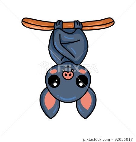 Cute little bat cartoon hanging on tree	 92035017