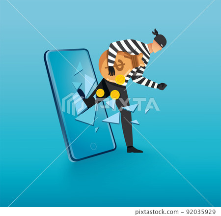 Hacker, thief hacking into smartphone. vector illustration 92035929