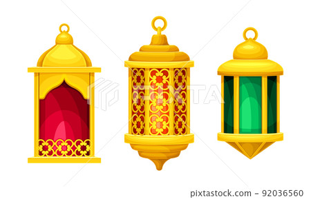 Set of traditional arabian lanterns. Colorful luminous Islamic lamps vector illustration Set of traditional arabian lanterns. Colorful luminous Islamic lamps vector illustration 92036560