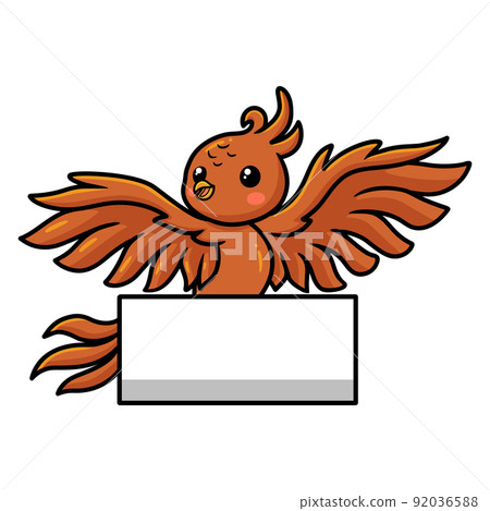 Cute little phoenix cartoon with blank sign	 92036588