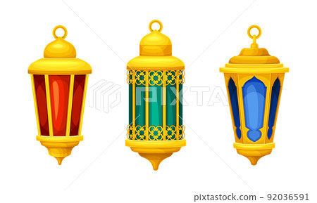 Vintage Arabic glowing lanterns set. Colorful luminous golden lamps vector illustration Vintage Arabic glowing lanterns set. Colorful luminous golden lamps vector illustration 92036591