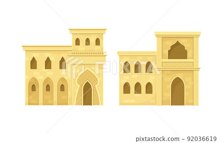 Mediterranean, Moroccan, Arabic style buildings. Traditional muslim mud houses flat vector illustration 92036619