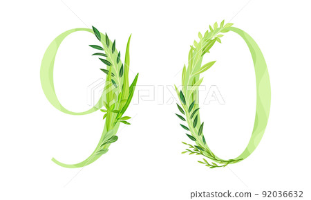 9,0 numbers made of green leaves. Green leaves font cartoon vector illustration 92036632