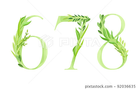 6,7,8 numbers made of green leaves. Green leaves font cartoon vector illustration 6,7,8 numbers made of green leaves. Green leaves font cartoon vector illustration 92036635