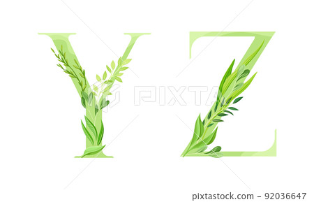 Ecology english alphabet letters. Green leaves font. Y,Z letters cartoon vector illustration Ecology english alphabet letters. Green leaves font. Y,Z letters cartoon vector illustration 92036647