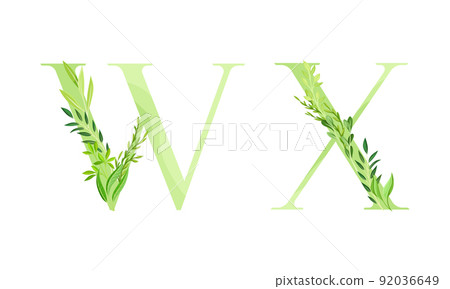 Ecology english alphabet letters. Green leaves font. W,X letters cartoon vector illustration 92036649