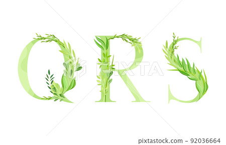 Ecology english alphabet letters. Green leaves font. Q,R,S letters cartoon vector illustration 92036664
