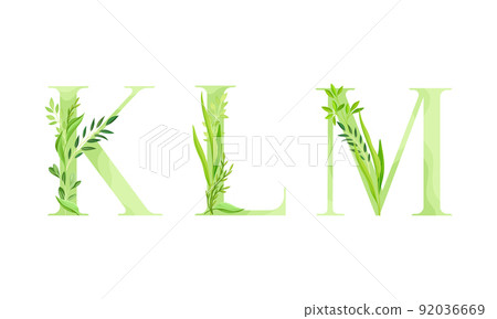 Ecology english alphabet letters. Green leaves font. K,L,M letters cartoon vector illustration 92036669