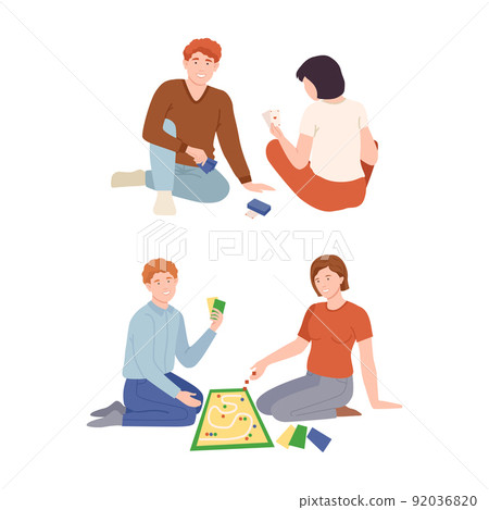 Couples sitting on floor playing tabletop or board games set vector illustration 92036820