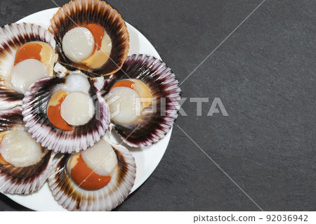 A white plate of big raw fresh scallops with orange caviar and shells on dark background. Copy space 92036942