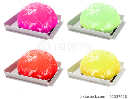 A set of four colourful mochi isolated on white background. Yellow lemon mochi, green tea mochi, red strawberry mochi, purple raspberry mochi. Japanese dessert A set of four colourful mochi isolated on white background. Yellow lemon mochi, green tea mochi, red strawberry mochi, purple raspberry mochi. Japanese dessert 92037028