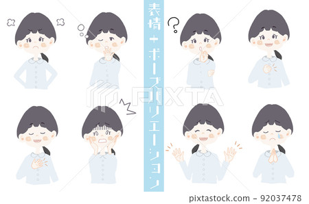 【黑髮、一結、上衣少女插畫】一組表情和姿勢 92037478