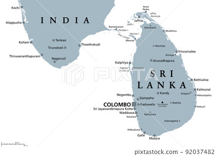 Sri Lanka and part of Southern India, gray political map. Democratic Socialist Republic of Sri Lanka, the formerly Ceylon, island country in South Asia and Indian Ocean, with de facto capital Colombo. 92037482