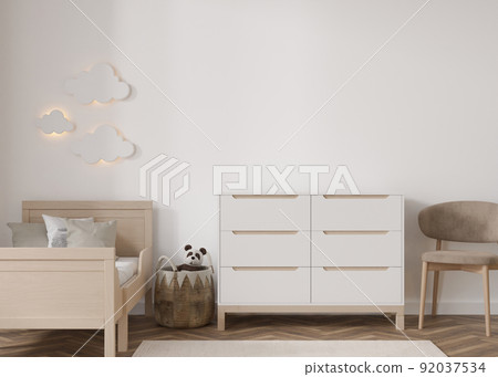 Empty white wall in modern child room. Mock up interior in scandinavian style. Copy space for your picture or poster. Bed, chair, rattan basket, sideboard, toys. Cozy room for kids. 3D rendering. 92037534