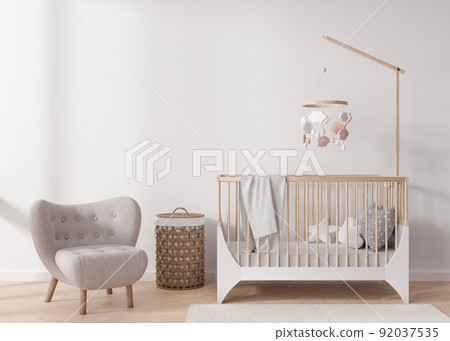 Empty white wall in modern child room. Mock up interior in scandinavian style. Copy space for your picture or poster. Bed, armchair, rattan basket. Cozy room for kids. 3D rendering. Empty white wall in modern child room. Mock up interior in scandinavian style. Copy space for your picture or poster. Bed, armchair, rattan basket. Cozy room for kids. 3D rendering. 92037535