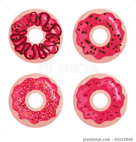 Donuts set with caramel and sprinkles. Top view vector illustration 92037698